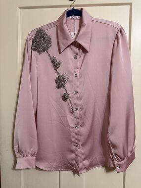 NWT Pink Embellished Button-Down Blouse Pink Silk Like